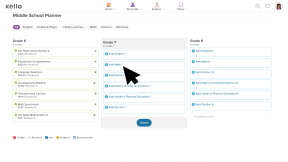 The cursor has clicked Math 7 to view the list of math course in a side panel that has opened. The cursor is clicking a course to view more details.